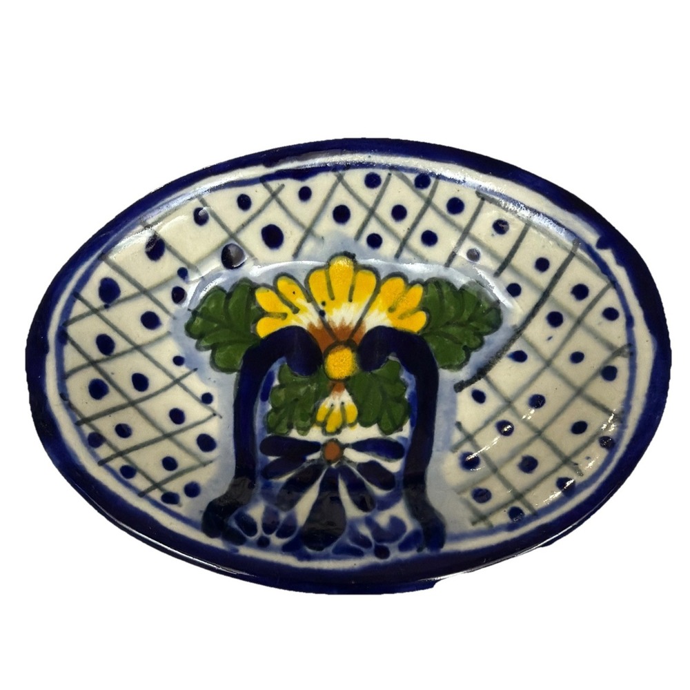 Vintage Talavera Oval Floral Soap Dish Trinket~Blue, Green, Yellow, ~6"